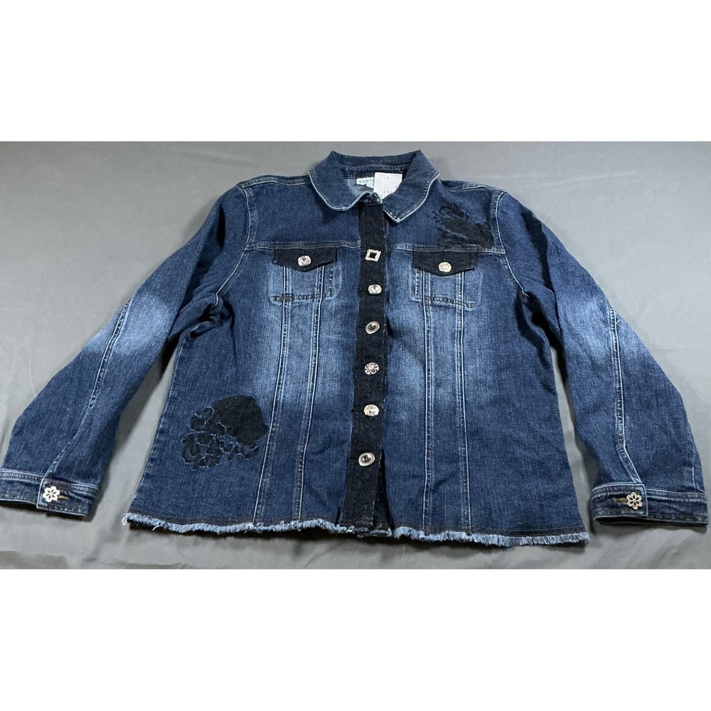 Ann Trinity Womens XL Denim Jacket Lace Embroidery Rhinestone Buttons Frayed Hem